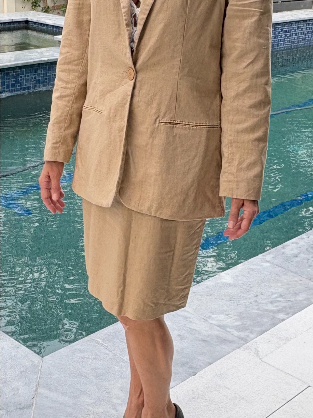 1990’s Beige Women's Adolfo International Linen Blend Skirt Suit Blazer Set